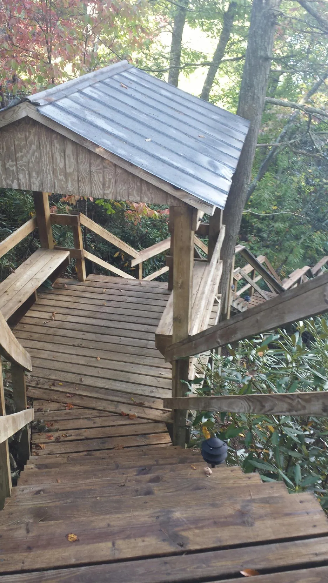 Metal roofed shelter over wooden steps on a wooded walkway — Skylight Repair & Installation work by our crew in Eastover